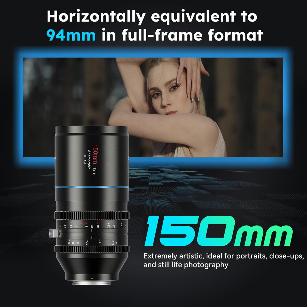 Sirui 150mm Full Frame Anamorphic Telephoto Anamorphic Cine Lens 150mm E T2.9 1.6X Lens, (Venus Mount)