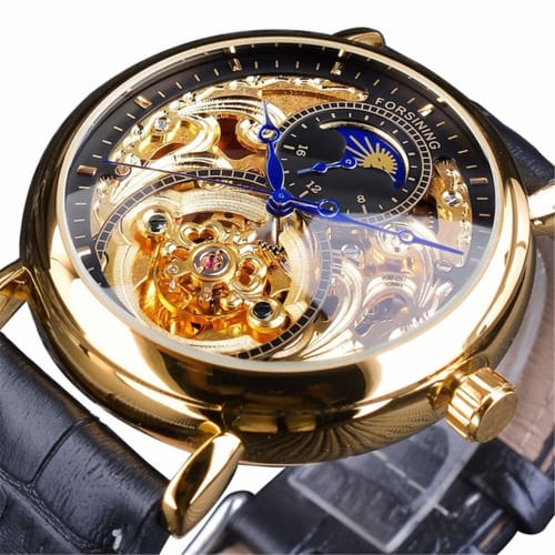 FORTINING Men's Automatic Analog Watch, Fashion Skeleton Tourbillon, Waterproof Moon Phase Leather Mechanical Watch (Black)