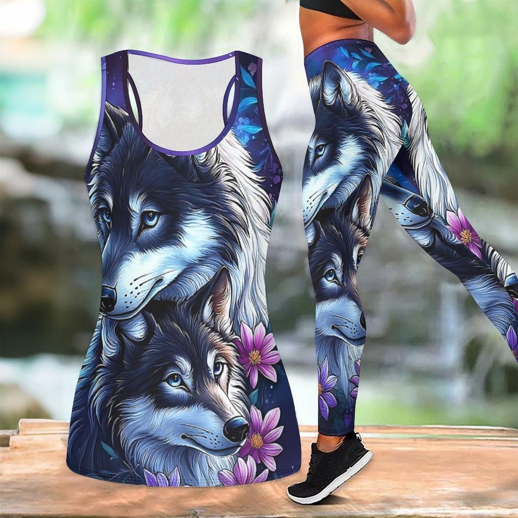 Cunning Wolf Pattern Print Yoga Outfit for Women Fashion Workout Leggings Fitness Sports Casual Yoga Set Sports Suit
