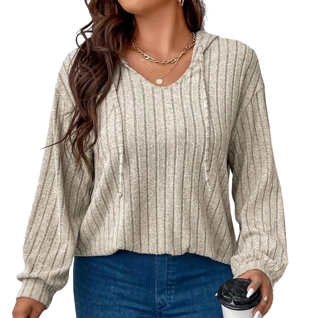 Women's V-Neck Long Sleeve Pullover Hoodie Color Loose Fit Ribbed