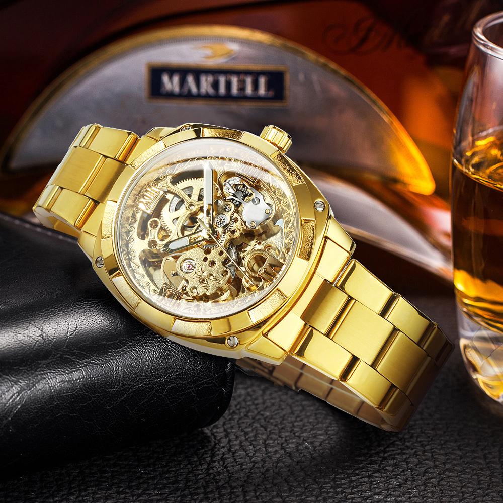 Forsining Square Gold Skeleton Automatic Men Watch Engraved Movement Luminous Hands Mechanical Watches Luxury Stainless Steel