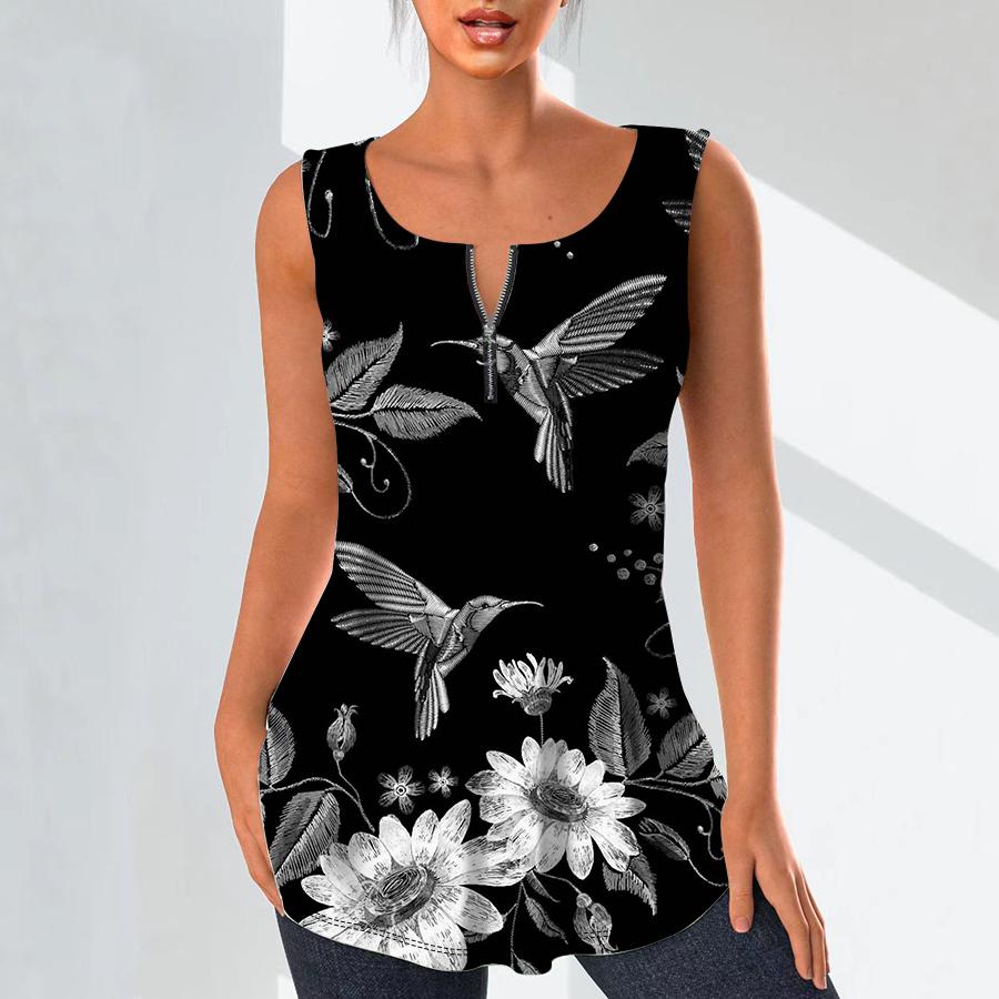 Kadın Moda V Yaka Gömlek Casual Tops T-shirt Bayanlar 3D İşlemeli Kuşlar Baskı Yelek Artı Boyutu Kolsuz Bluz Tank Tops