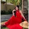 Summer Spice Girl Red White Dress Slant Shoulder Northwest Travel Seaside Vacation Long Dress Desert Travel Wear