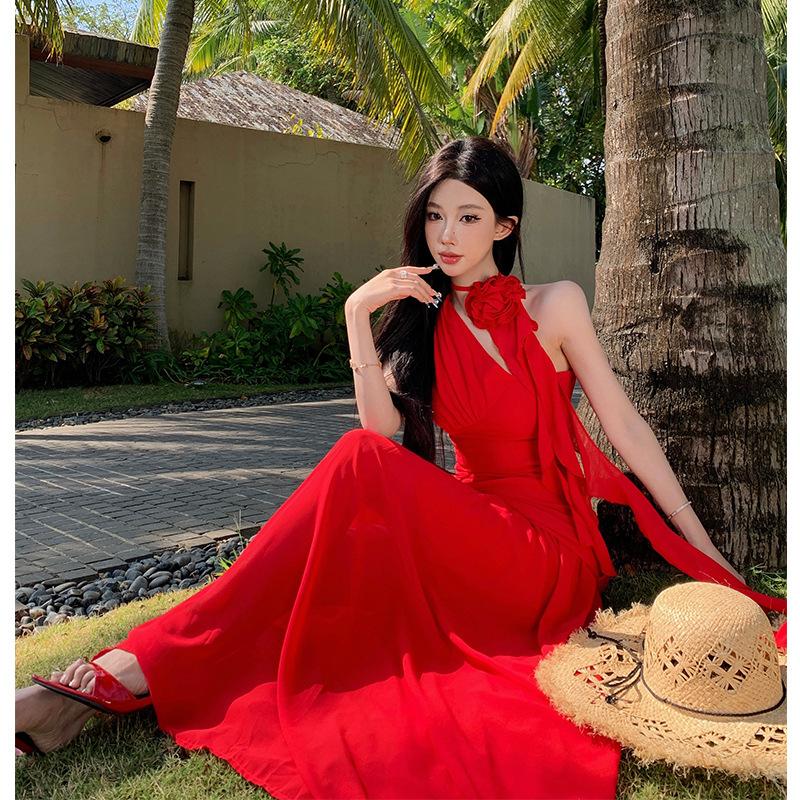 Summer Spice Girl Red White Dress Slant Shoulder Northwest Travel Seaside Vacation Long Dress Desert Travel Wear