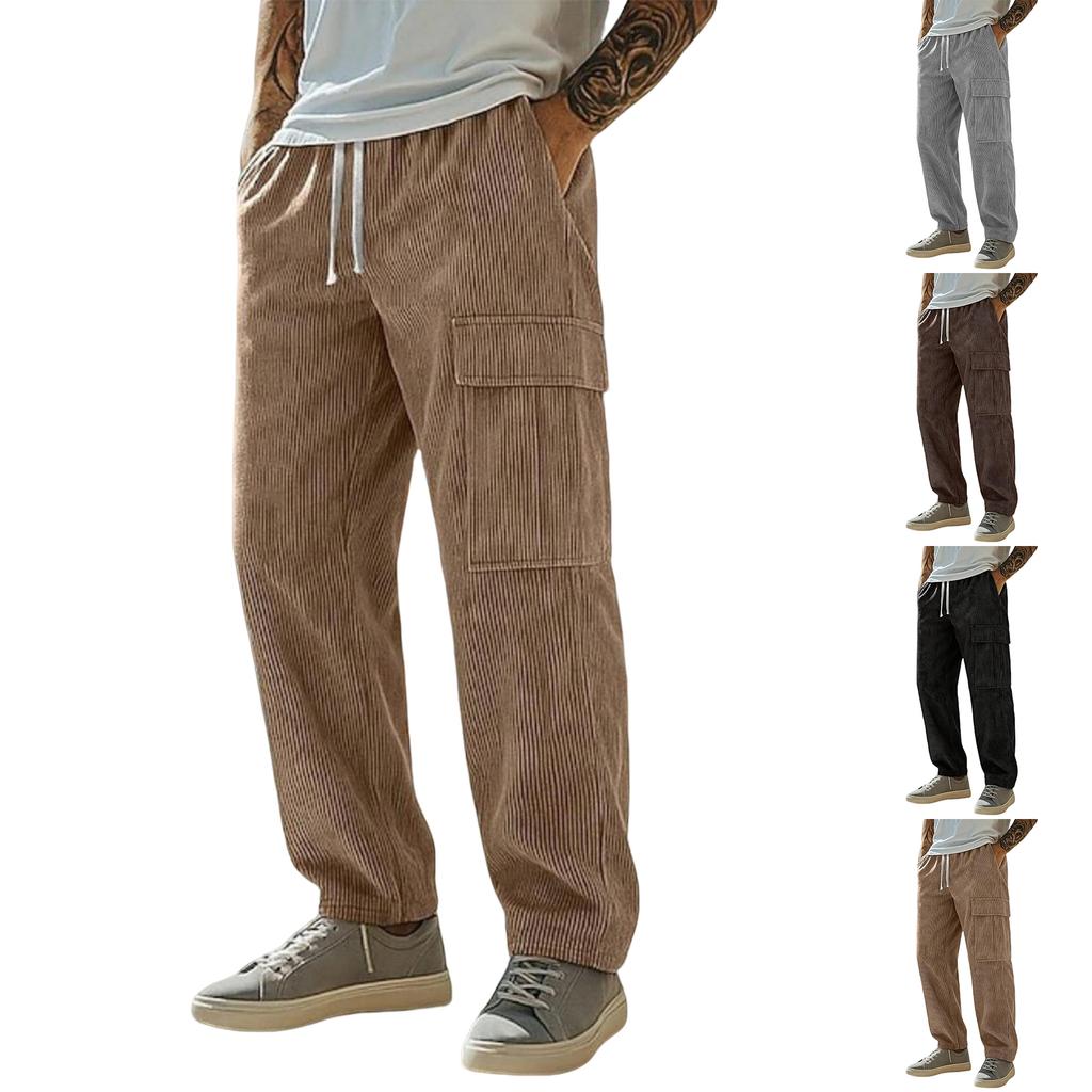 Mens Casual Corduroy Pants Elastic Waist Drawstring Sweatpants Casual Baggy Straight Cargo Pants Streetwear