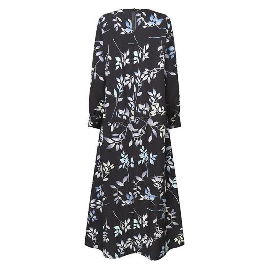 Women Vintage Long Dress Summer O Neck Long Sleeves Swing Dress Loose Fit Leaf Print Long Sleeves Casual Beach Vacation Maxi Dress
