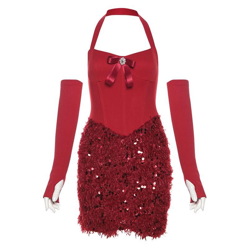 

# Sisjuly# Festival Cos Costume Red Retro Atmosphere Bows Shiny Halterneck Slim Looking Dress Female Red S