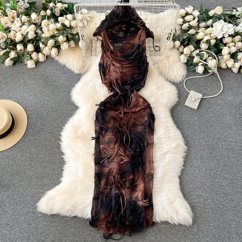 

Asian Tie-Dye Retro Distressed Tassel Sleeveless Dress Brown L
