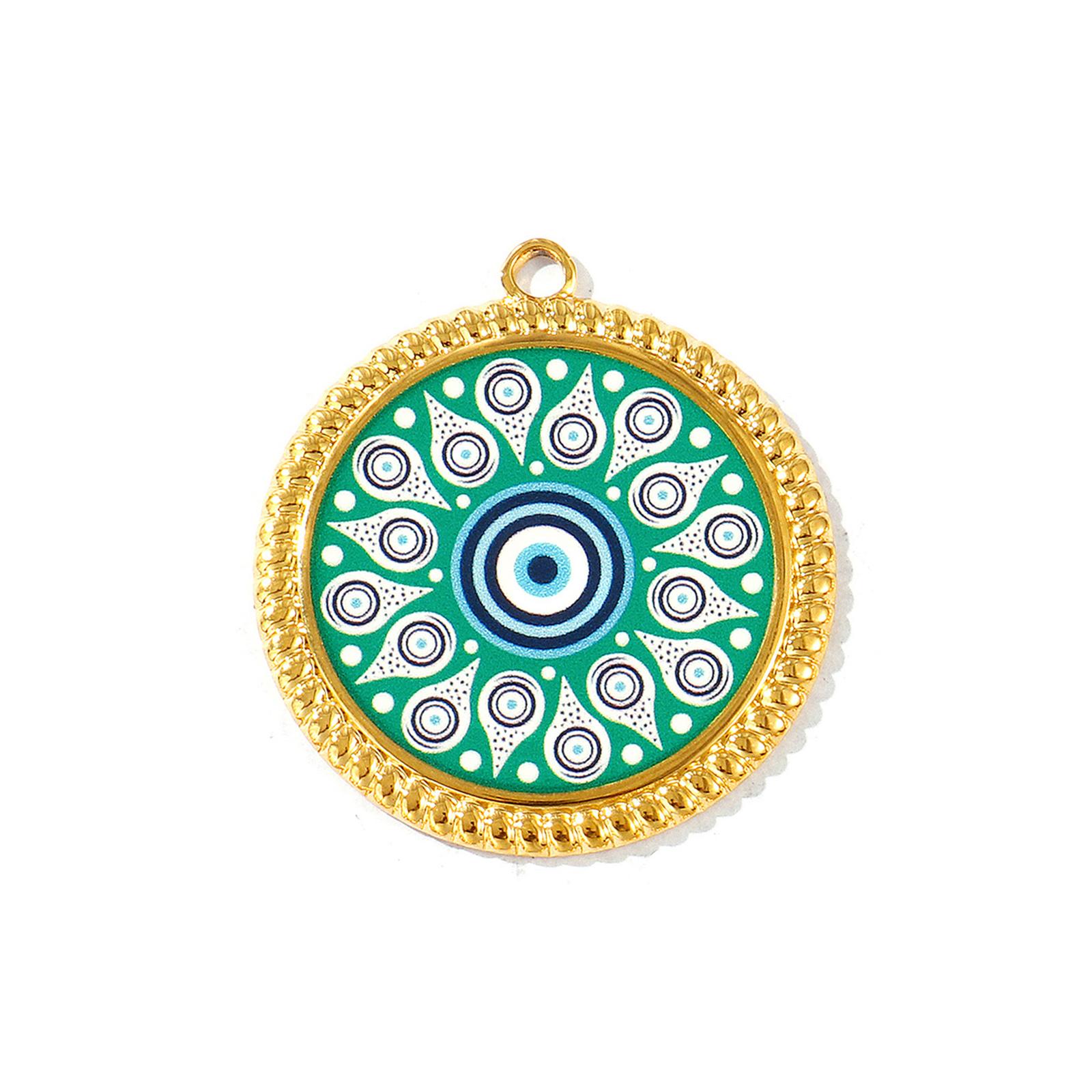 2pcs Religious Stainless Steel Pendants 18K Gold Plated Round Eye Flower Multicolor Pendants DIY Necklace Jewelry 3.8cm x 3.5cm