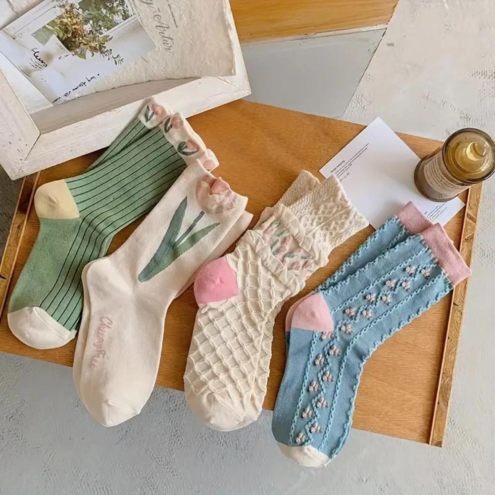 4 Pairs Women Floral Printed Socks Fashionable Versatile Cute Comfortable Sweat Absorbing Breathable Casual Mid Length Socks