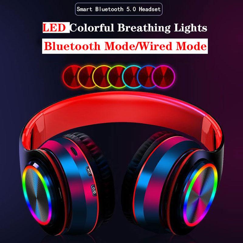 

Светодиодная подсветка Bluetooth-гарнитура Сабвуфер Мобильный телефон Беспроводная проводная гарнитура с SD-картой Гарнитура 5.0