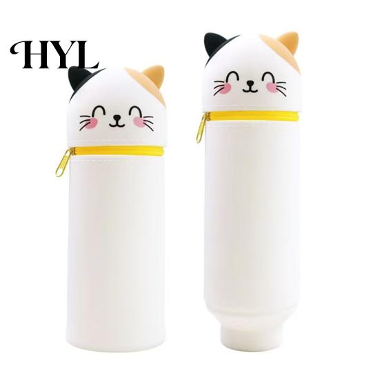 Rotating Pen Holder Pencil Case Desktop Stand Up Cartoon Animal Design School Pouch Silicone Storage Bag for Home Office Supplies Retractable