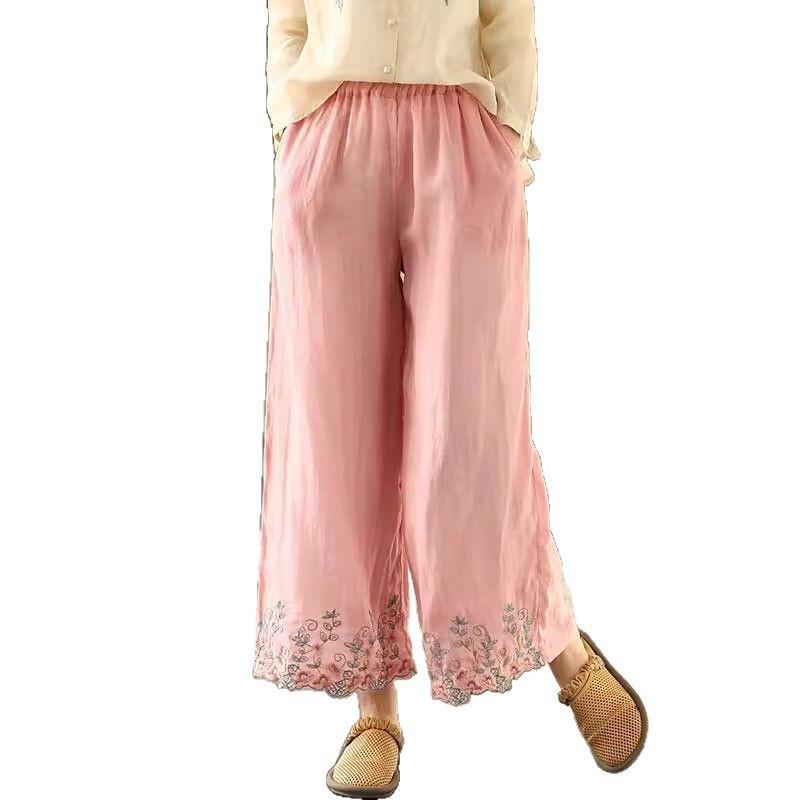 Pantaloni de damă verzi brodați din bumbac și in cu picior larg - Colecția Vară 2024