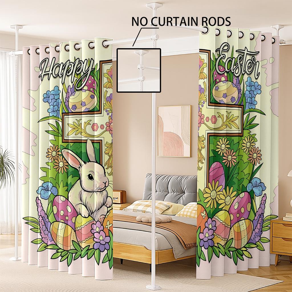 Set Of 2 Easter Cartoon Rabbit Cross Print Perforated Curtains Multiple Sizes Living Room Bedroom Insulation Decoration Curtain Blackout Polyester