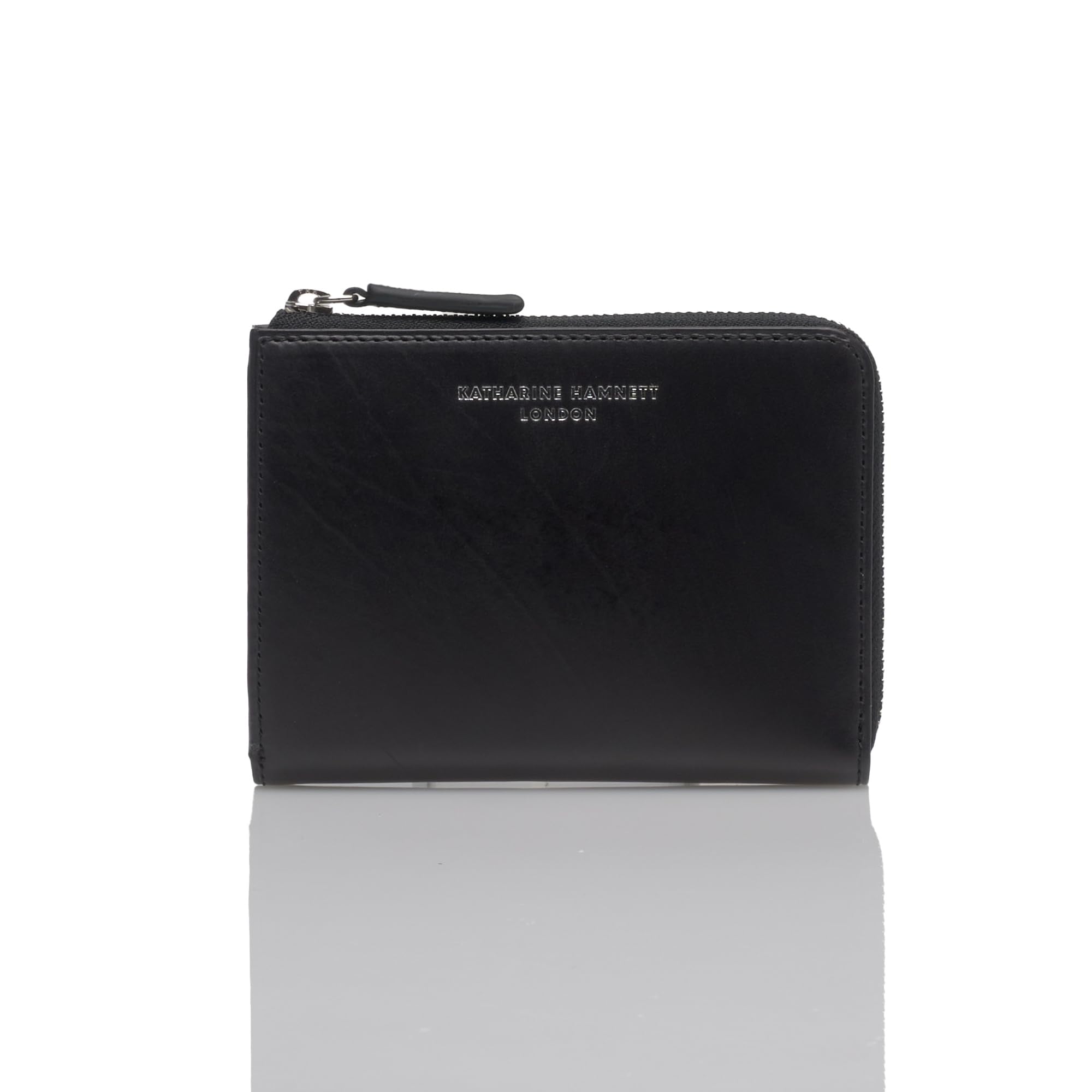 

Katharine Hamnett London Calf Leather Wallet with Large Zipper, Bill Compartment, Card Slots, and Coin Purse, Black, 490-50801