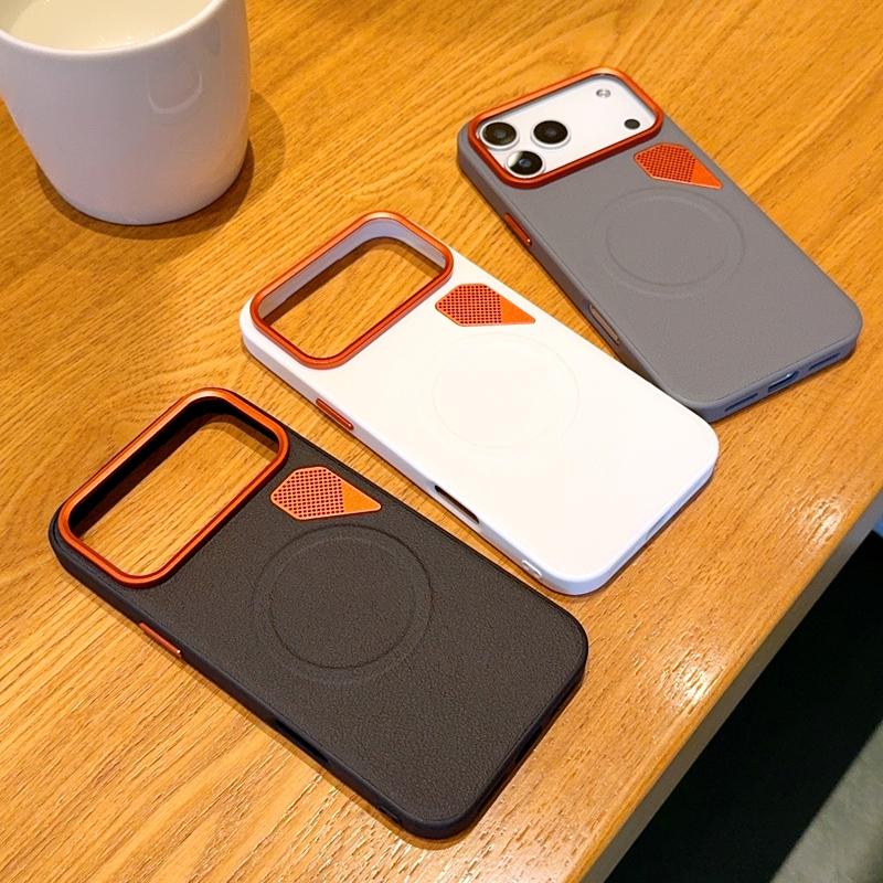 Heat Dissipation Designed Vegan Leather Magnetic Case For iPhone 17 Pro Max Air 16 16e 15 Plus With Metal Buttons Camera Frame