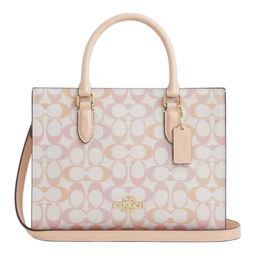 Coach Women's Pink/Yellow Maggie 24 Classic Monogram Logo Faux Leather Tote Bag Crossbody Handbag Medium Tote Bags Cdz08-Imm8c