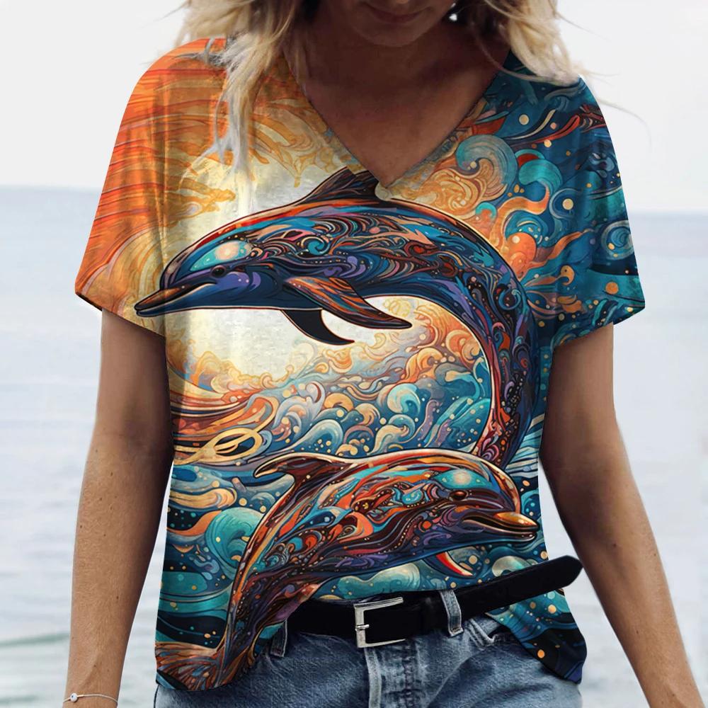 Women's Dolphin Print T-shirt V-neck Top Retro Aesthetic Clothing Oversized Funny Loose Fashion Novelty T-shirt