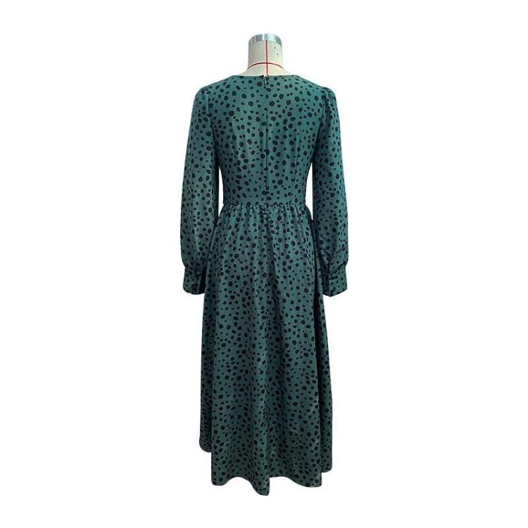 Green Leopard Print Chic Women Dress High Waist Long Sleeve V Neck Long Dress