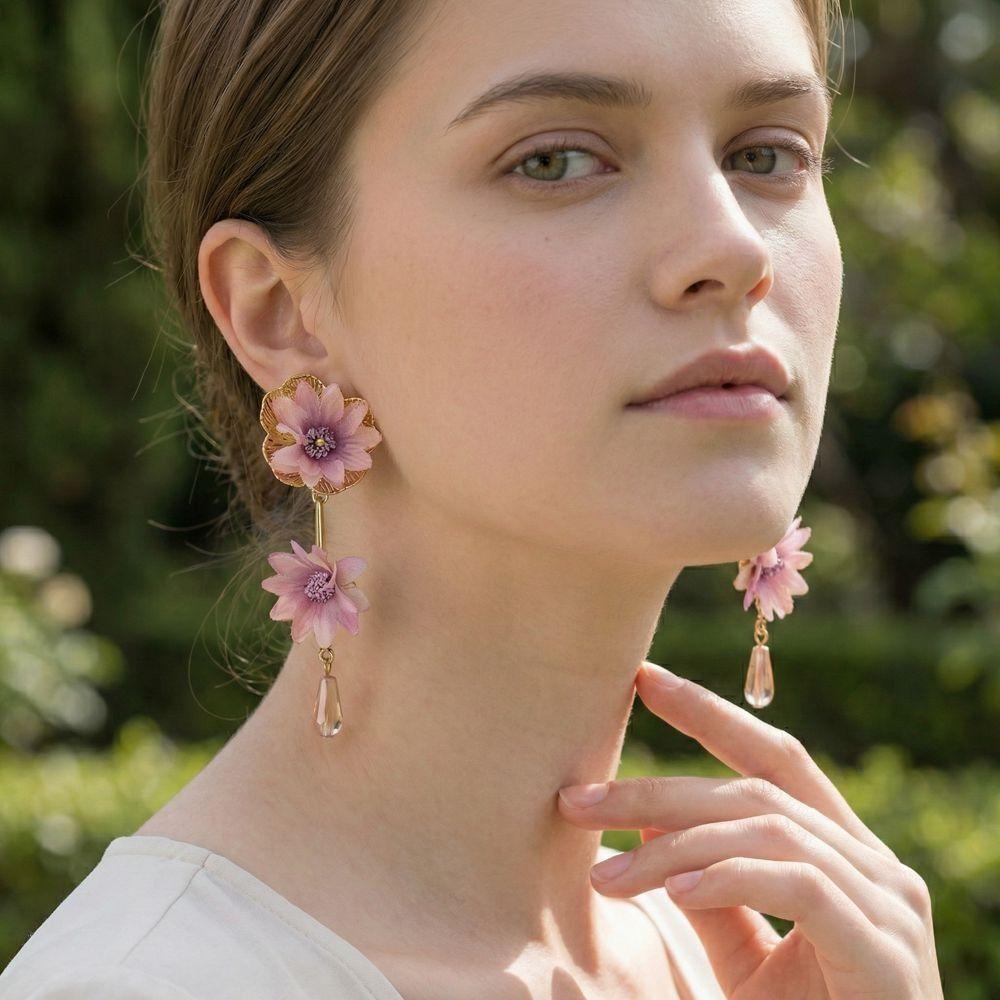 Glass Floral Pendant Earrings Sweet Crystal Drop Earrings Super Fairy Fabric Flower Earrings Gift