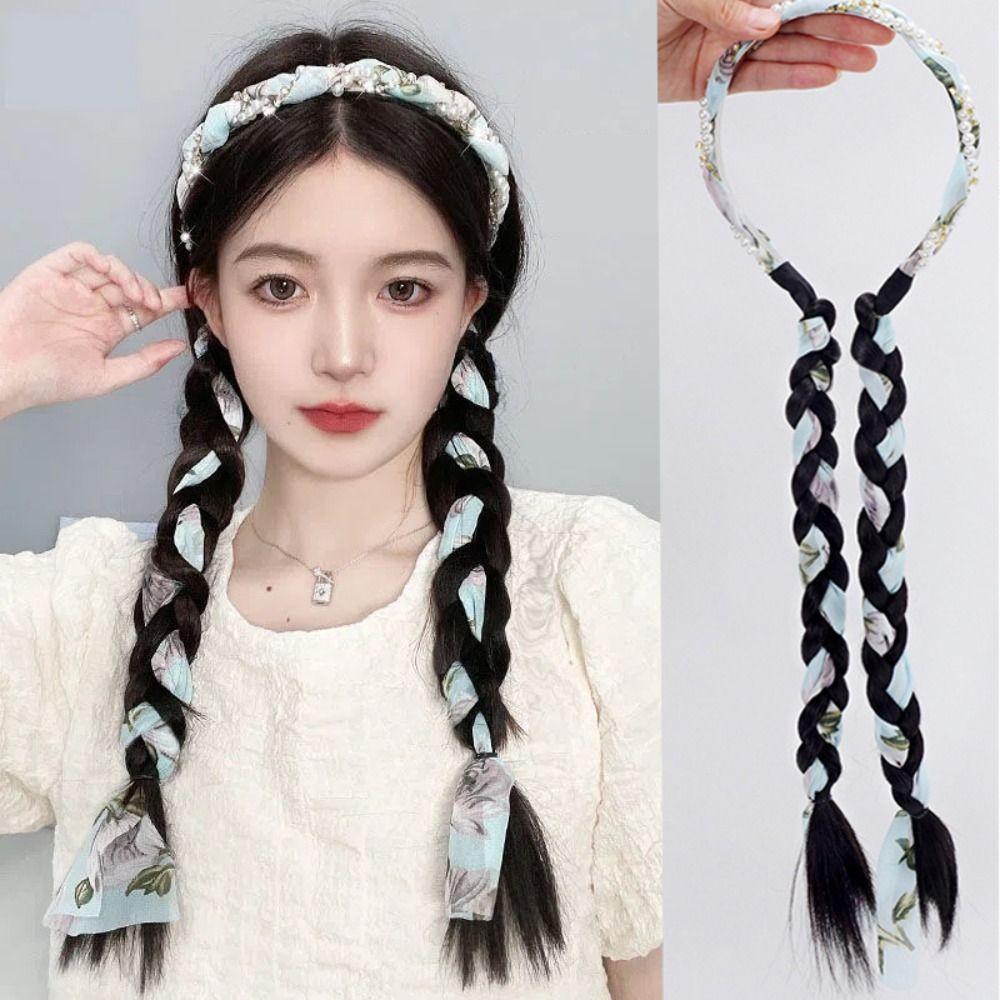 

Ribbon Headbands Double Ponytail Pearl Tassel Twist Braid Wig Long Braid Ponytail Hair Accessories темно-коричневого кольору