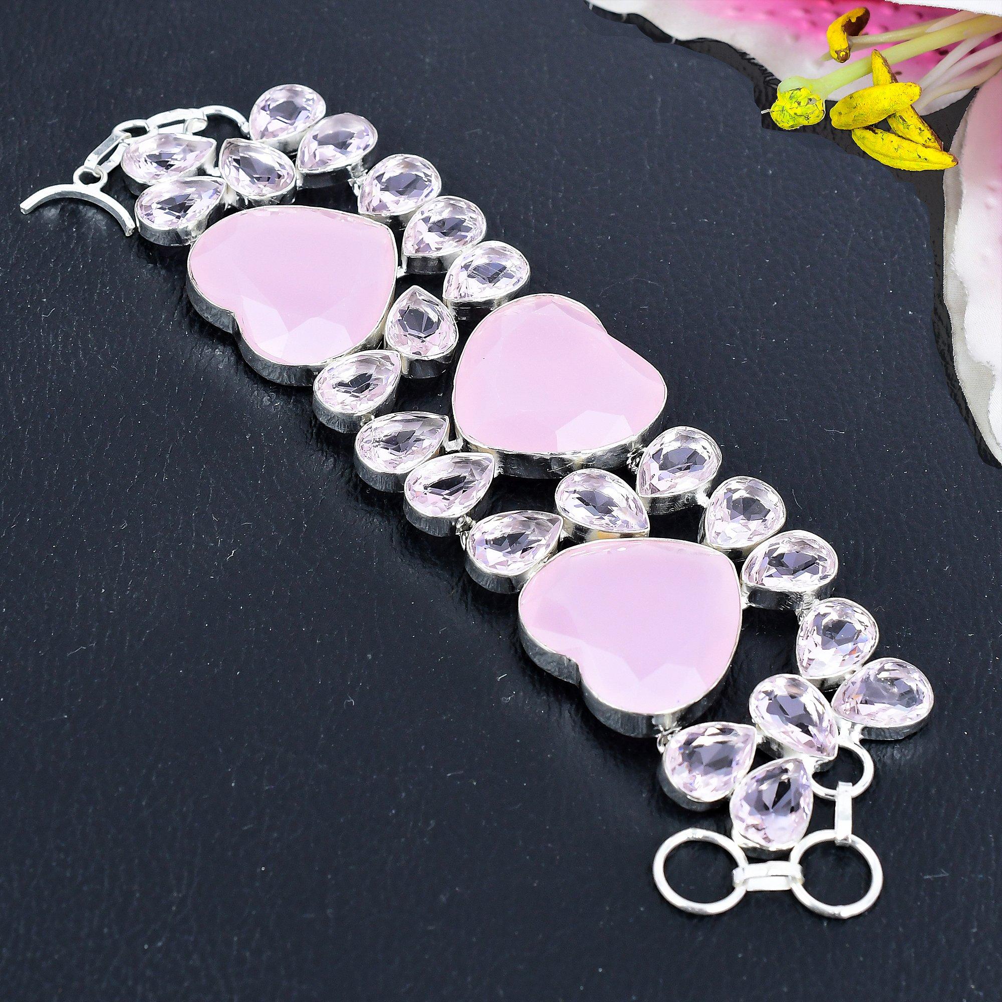 

Pink Chalcedony, White Topaz Gemstone 925 Sterling Silver Bracelet 7-8 KG-1807