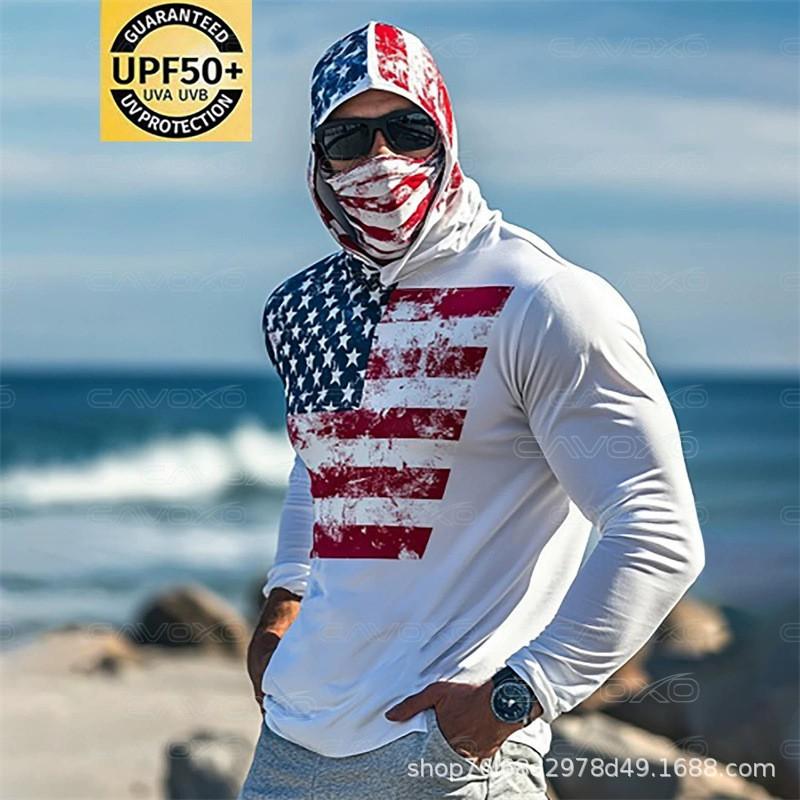 Mens Quick-Dry Hooded Rash Guard With Face Cover Print UV Protection Surfing Shirt Beach Fishing Outdoor Activities