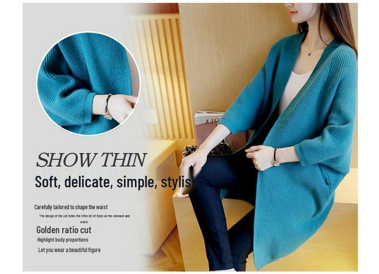 Women's Mid-Length Batwing Sleeve Knit Cardigan Shawl - Loose Fit, Plus Size, Korean Style for Autumn/Winter 2023