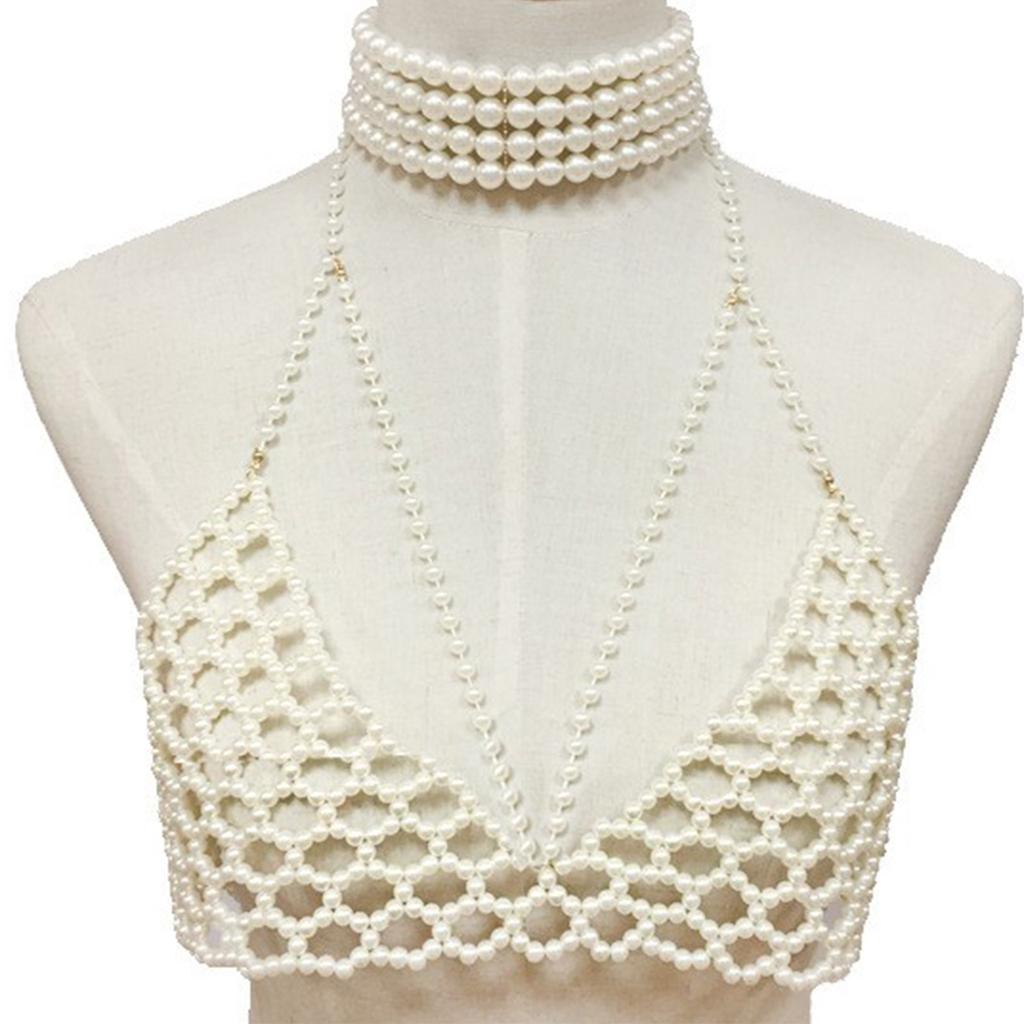Elegant Pearls Bra Body Jewelry Chain Adjustable Chest Bead Decoration Portable for Women Beach Fashion Accessory