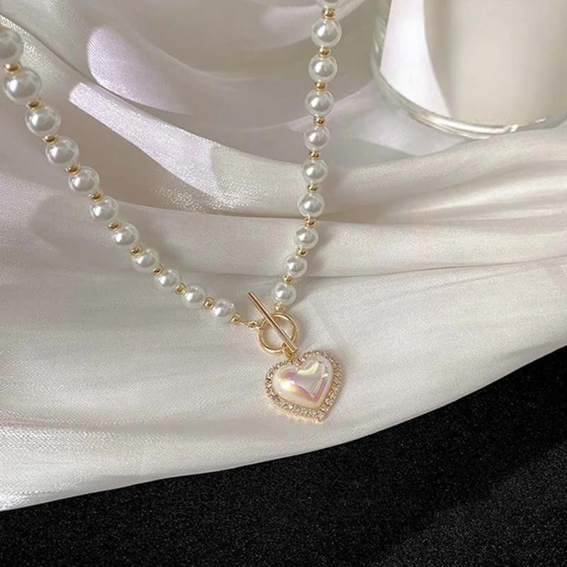 

Elegant Simple Fashion Pearl Necklace For Women Long Layered Rhinestone Shell Heart Pendant Accessories Jewelry Sweet Gifts
