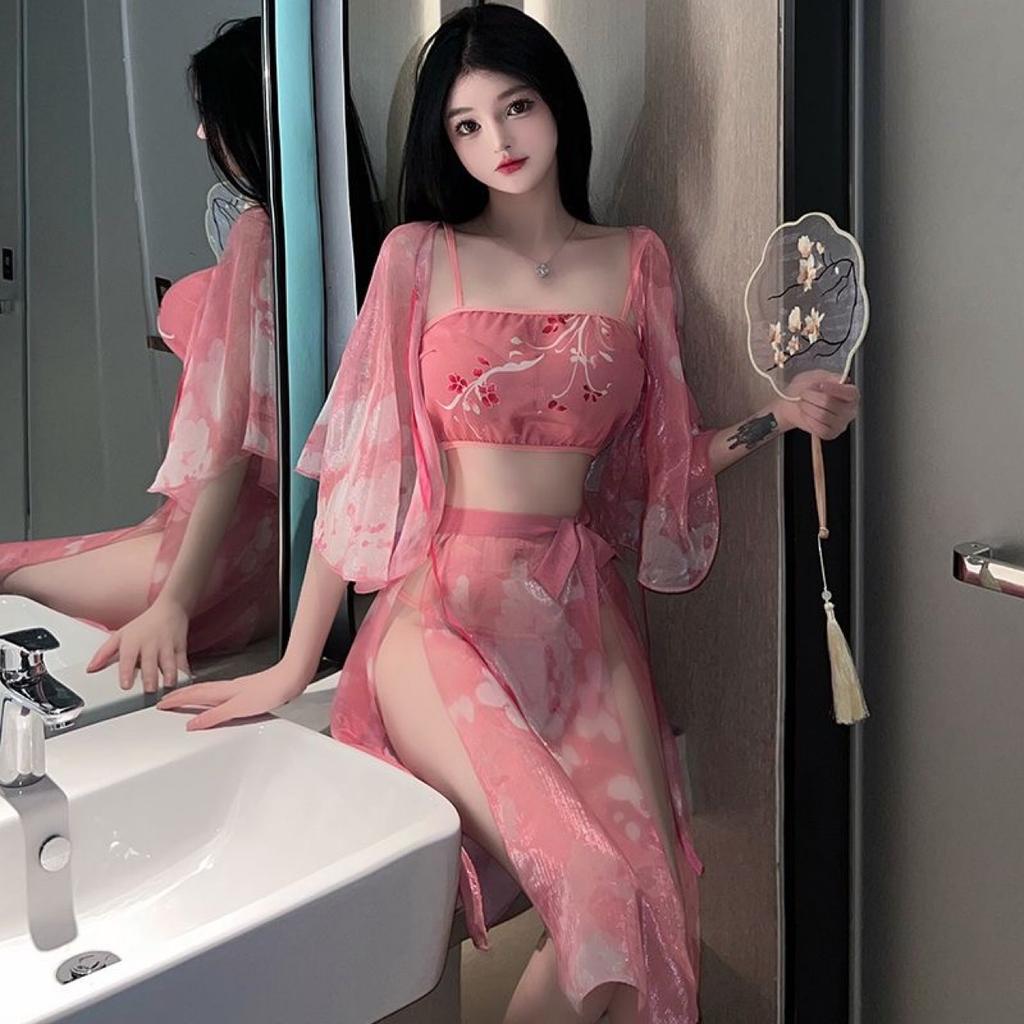 Large size new sexy underwear shawl temptation ancient embroidery Hanfu high slit exposed legs perspective belly pocket neck skirt