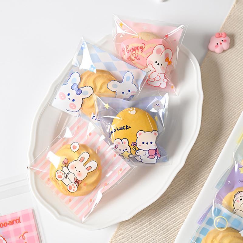 100 buc pungă autoadezivă pentru gustări, transparentă, cu desene animate, ursuleț de iepure, bomboane cadou, pungă, petrecere de ziua de naștere, cadou de copt, consumabile