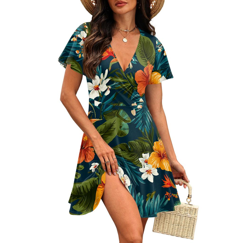 Vestito Casual da Donna alla Moda con Stampa Hawaiana a Maniche Corte