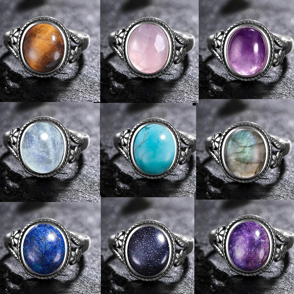 Vinatge Silver Ring Female Jewelry Natural Moonstone Tiger's Eye Personalized Rings for Women Bijoux Wedding Jewelry Gift S925