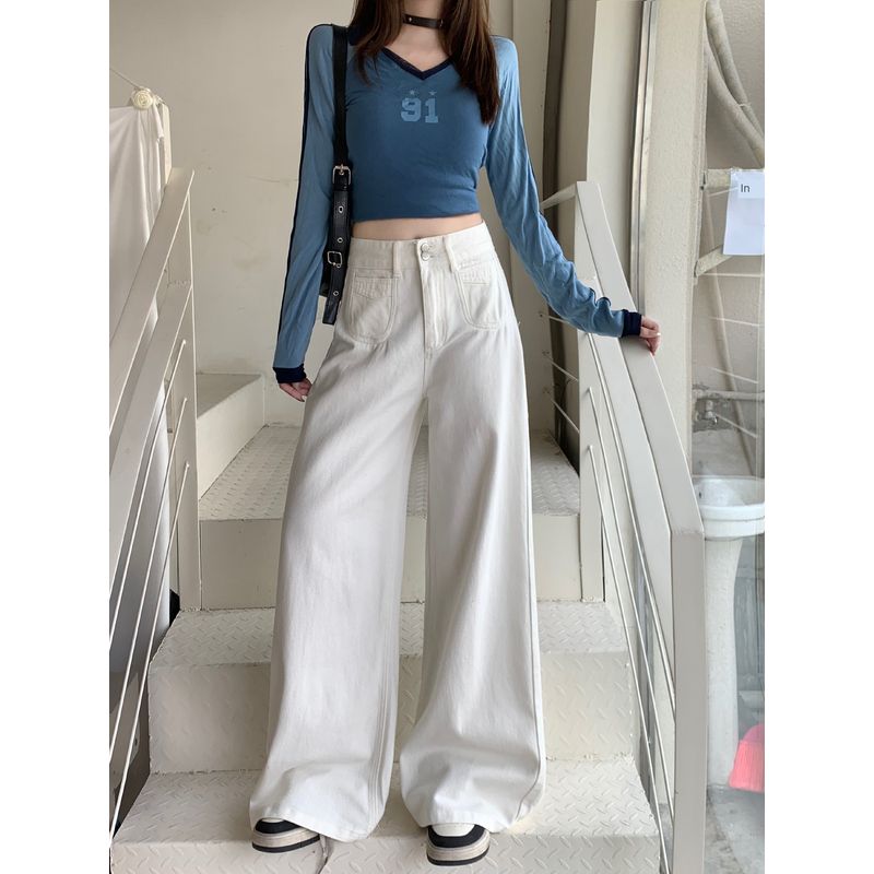

Kumikumi Retro Nostalgic Washed Loose Loose Pants Denim Female Fall High Waist Draping Mopping Pants Pants White XL
