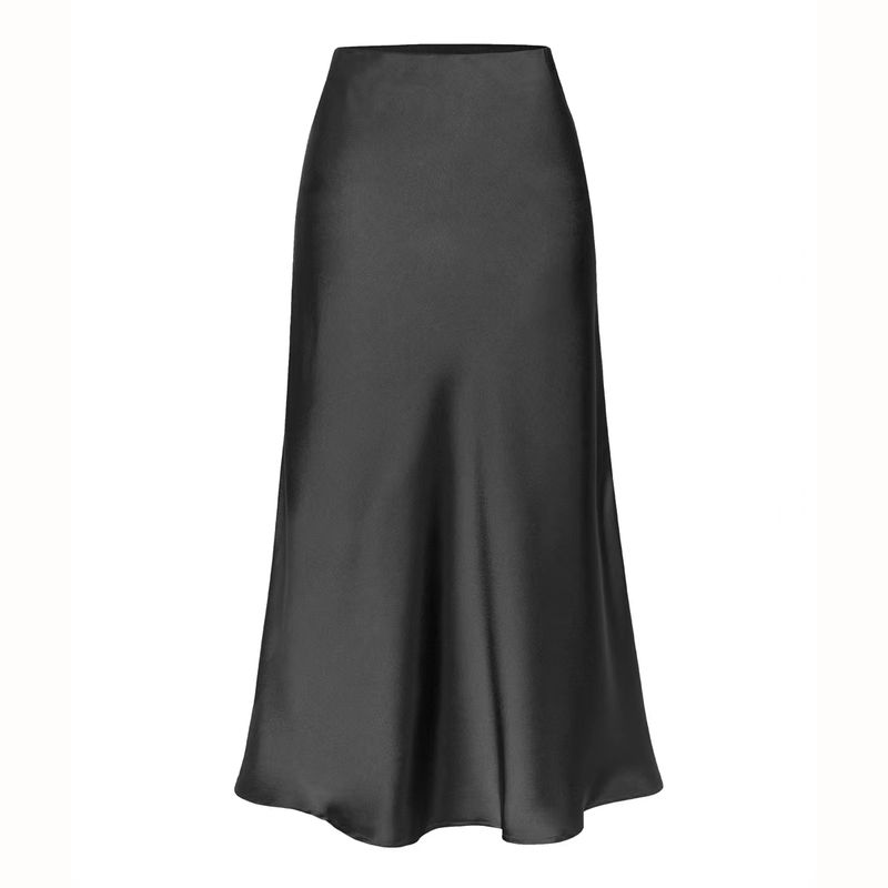 

Fashion Style New Satin Elastic High Waist Pure Color Split Skirt High Waisted Slit Skirt Black S