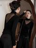 Women's Slim Fit Long Sleeve Top: Elegant Black Mesh Splice with Half-High Collar, Sheer Front/Back, Perfect for Autumn/Winter.