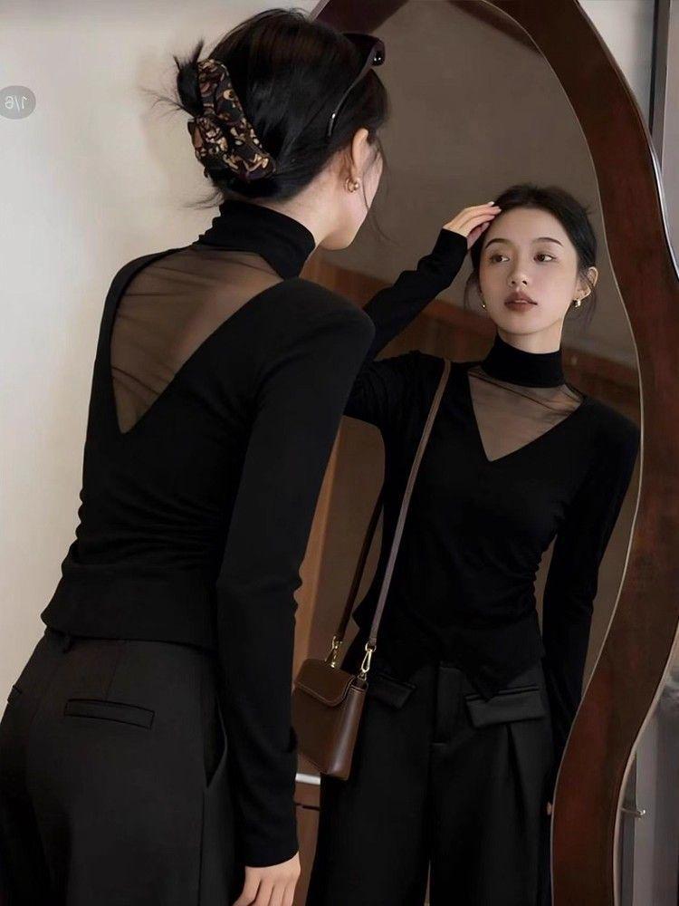 Women's Slim Fit Long Sleeve Top: Elegant Black Mesh Splice with Half-High Collar, Sheer Front/Back, Perfect for Autumn/Winter.