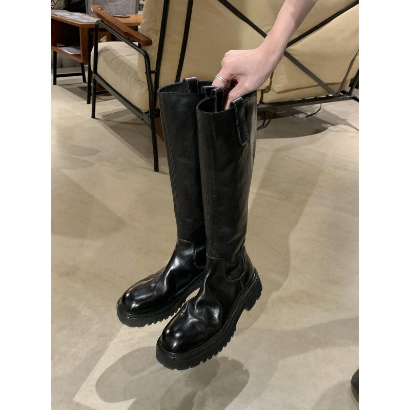 Schuhschrumpfung Pferdeleder Runde Spitze Dicke Sohle Dicker Absatz Skinny Mittel Lang Ritterstiefel Damen