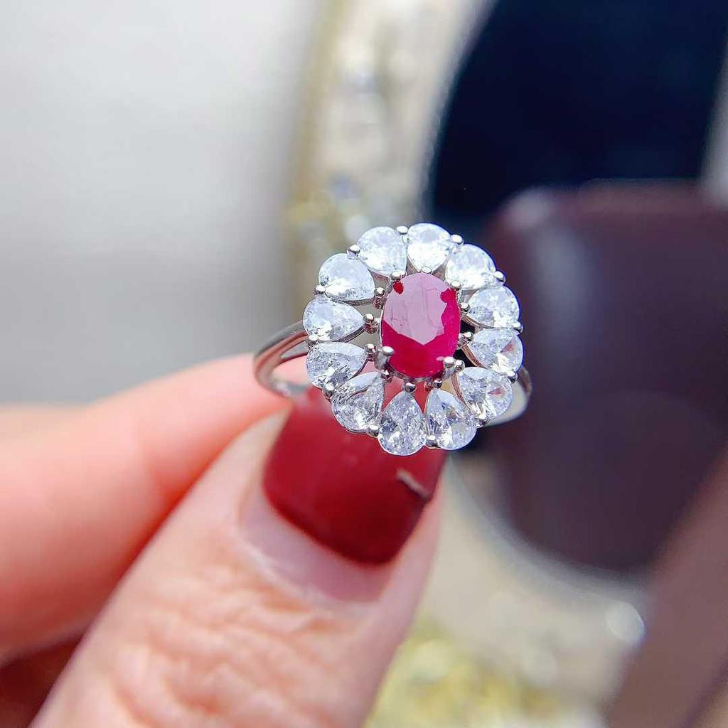 Luxury Retro Water Drop Pigeon Blood Ruby and S925 Sterling Silver Ring
