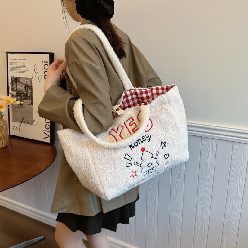 

2024 осень и зима новая плюшевая большая сумка-тоут вышитый двухсторонний рюкзак премиум-класса клетчатая сумка сумка из овечьей шерсти покинуть белый