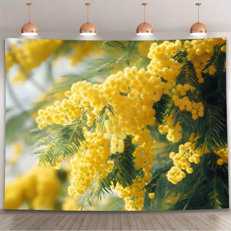 2D Yellow Mimosa Floral Backdrop, Soft Focus Spring Bloom Studio Background 47.2x31.5inch/120*80cm