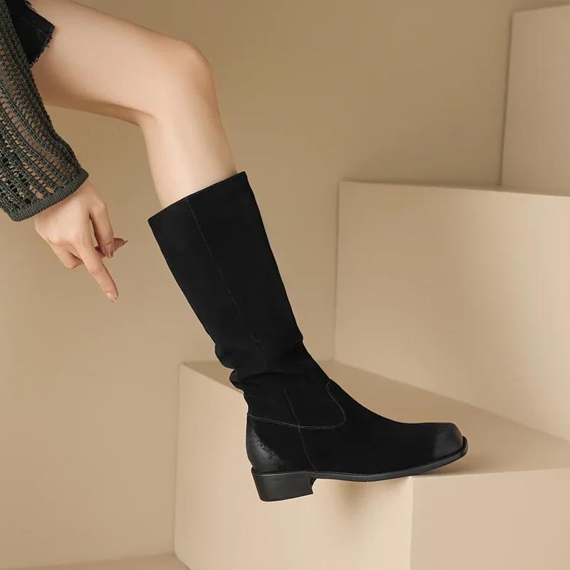 Fashion 2024 New New Cow Suede Retro Women Boots Autumn Winter Slip-On Mid-Calf Boots for Women Square Toe Square Heel Basic Shoes High