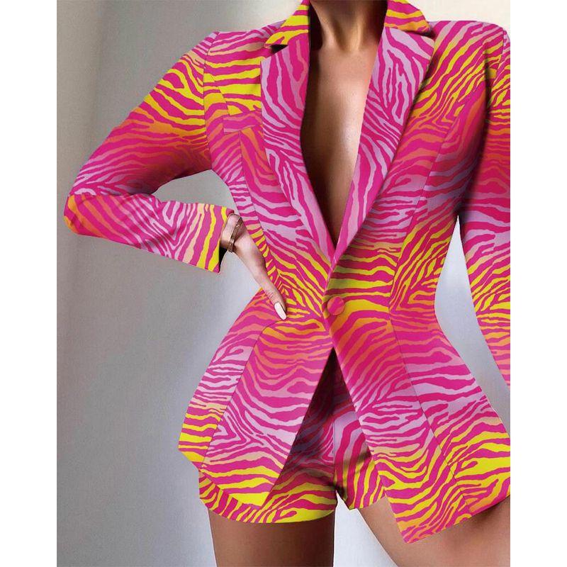 European and American Women's Clothing Fashion Suit Print Shorts Suit Long Sleeve Printed Shorts Suit
