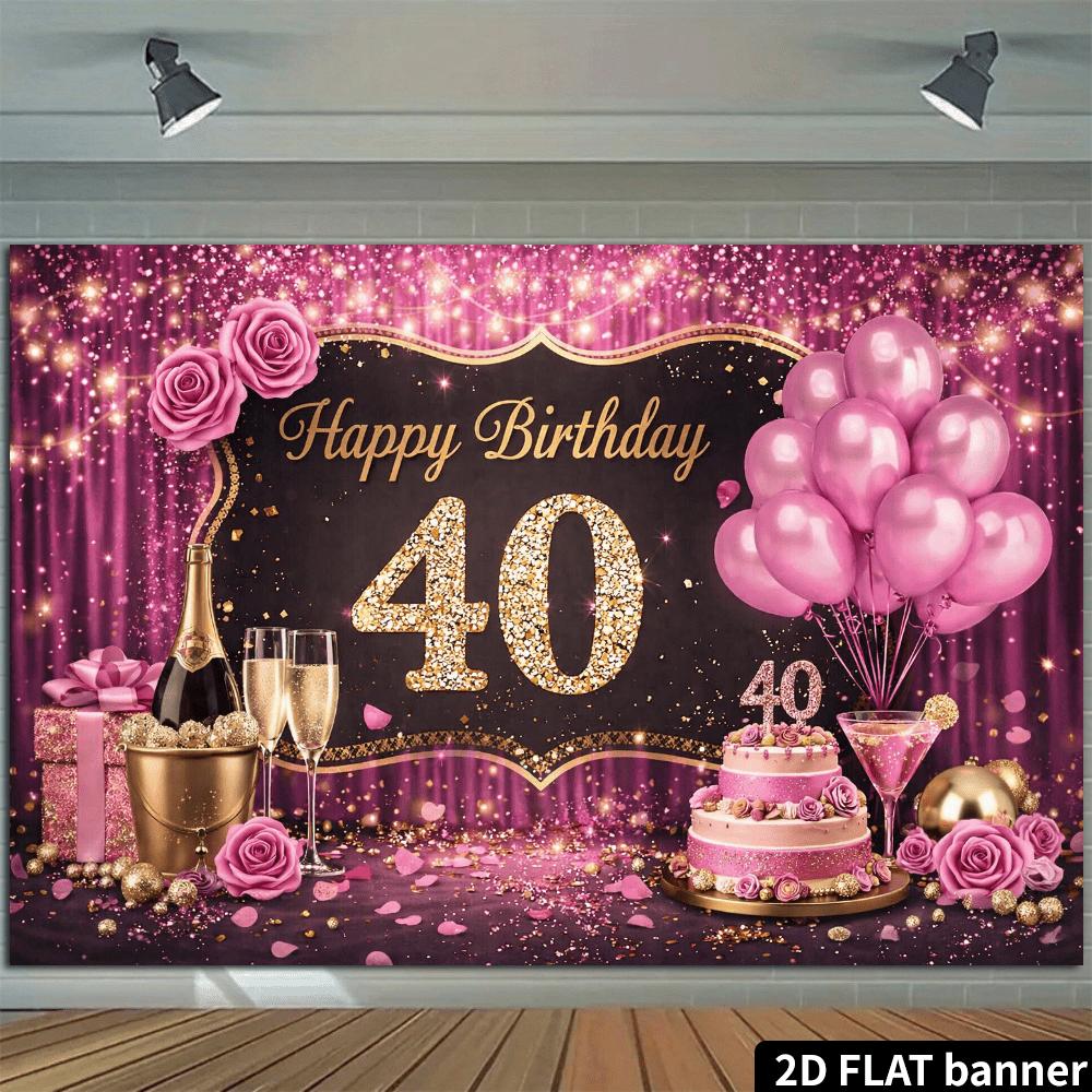 2D plane 40th birthday party backdrop - Pink and gold theme, for celebrating 40th birthday, made of polyester material