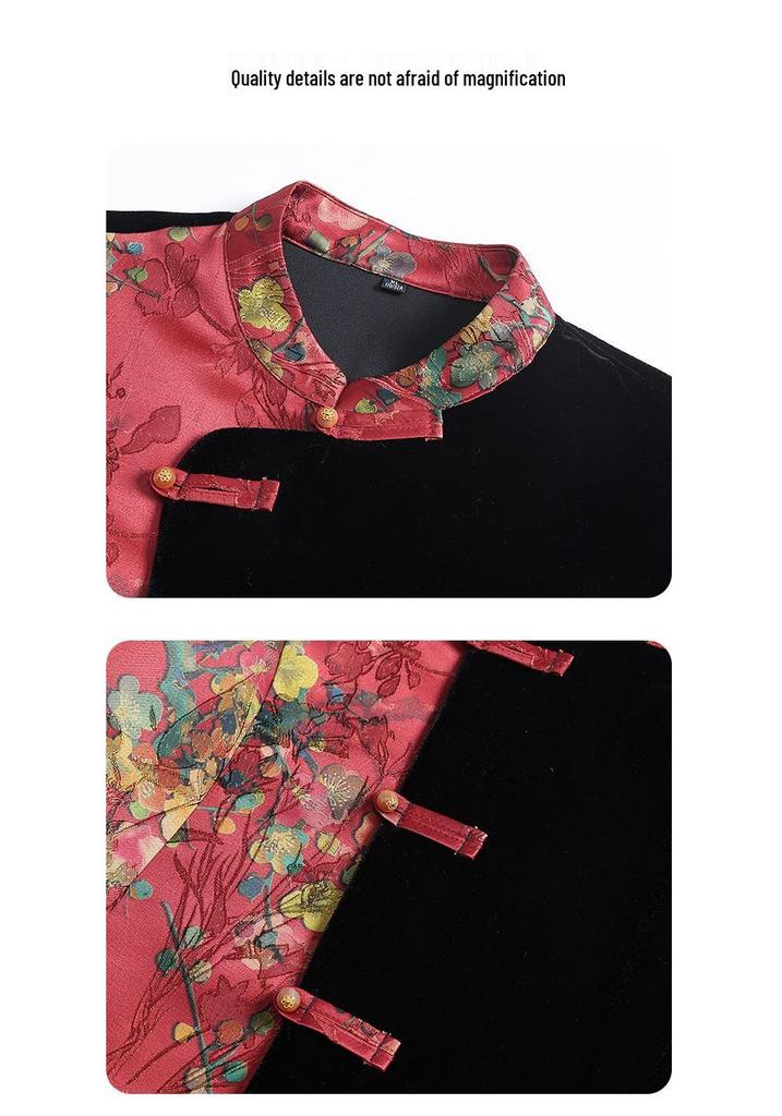 2026 Spring/Autumn Chinese Style Velvet Patchwork Suit: Slim Retro Top & Wide-Leg Pants Set