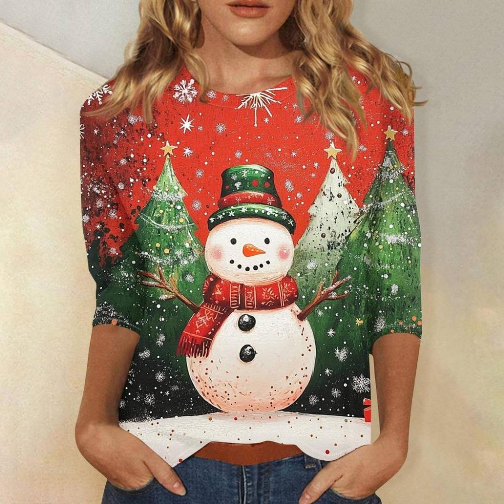 Christmas Limited Edition Women's 3D Snowflake and Snowman Print Round Neck Long Sleeve Hoodies Fashion Casual Long Sleeve Top
