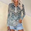 Camisa feminina casual com estampa de zíper e decote em V, manga comprida, primavera e moda
