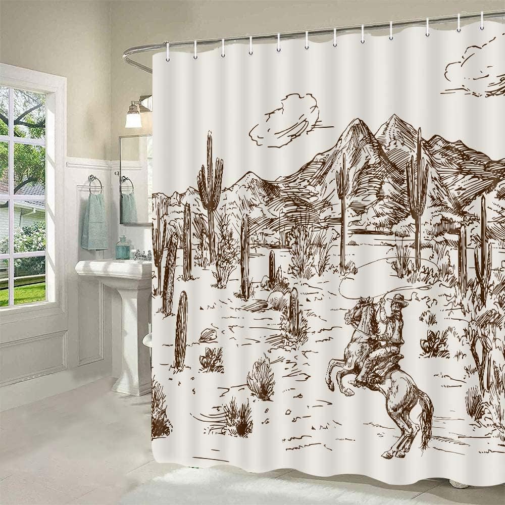 Western Denim Shower Curtain Farmhouse for Bathroom Village Cactus Desert Riding Shower Curtain with Hook 180x180cm