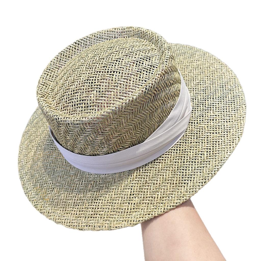 Straw Flat Top Hat Women'S Straw Hat Summer Top Hat British Seaside Vacation Sun Hat Hollow Sun Hat
